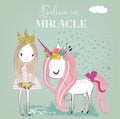 Little cartoon white fairytale unicorn with princess