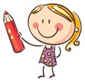 Little cartoon girl holding pencil. Kid creative activities clipart, isolated on white, vector illustration