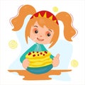 Little cartoon girl in a kokoshnik holding a plate of pancakes. Postcard on the theme of the Great Russian holiday. Maslenitsa.