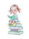 Little cartoon girl sitting on a book pile