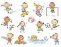 Set of cartoon kids outdoor activities, sports and games Royalty Free Stock Photo