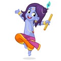 Little cartoon Krishna dancing with a flute. Greeting card for Krishna birthday. Vector illustration on a white