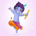 Little cartoon Krishna with a flute. Greeting card for Krishna birthday. Vector illustration isolated on a white background. Royalty Free Stock Photo