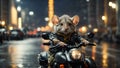 A little cartoon mouse rides motorcycle through the city at night fun design