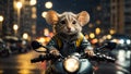 A little cartoon mouse rides motorcycle through the city at night fun design mammal