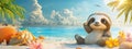 Little cartoon sloth on the beach. Selective focus Royalty Free Stock Photo