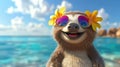 Little cartoon sloth on the beach. Selective focus Royalty Free Stock Photo