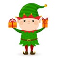 Little cartoon vector Christmas elf with gifts. Card. Santa`s helper. Cute illustration Royalty Free Stock Photo