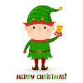 Little cartoon vector christmas elf with jingle bell and text. Card. Santa`s helper. Cute illustration Royalty Free Stock Photo