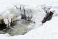 Little cascade with ice and icicles Royalty Free Stock Photo