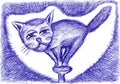 Little cat acrobat dancing on a hobnail hat. Original drawing