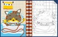 Little cat cartoon in the bathroom, coloring book or page