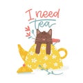 A little cat comes out of the teapot, Floral ornate kettle with green twig. Cute cafe print design, sticker template. I