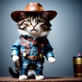 A little cat in a cowboy outfit stands like a person.