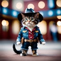 A little cat in a cowboy outfit stands like a person.