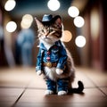 A little cat in a cowboy outfit stands like a person.