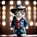 A little cat in a cowboy outfit stands like a person.