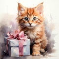 Little cat with a gift, watercolor style. Square postcard. AI generative