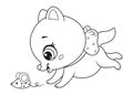 Little cat playing with toy mouse coloring page for kids