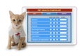 Little cat wearing doctor costume sitting with digital tablet showing pet health checklist application