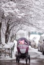 Little Caucasian baby Girl in a purple pram in winter Royalty Free Stock Photo