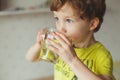 Little caucasian boy drink water in glass at home. Cute curly toddler is drinking water. Health and water concept Royalty Free Stock Photo