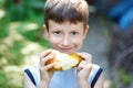 Little caucasian boy eating pear outdoor Royalty Free Stock Photo