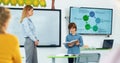 Little Caucasian boy pupil standing in classroom reading from book while young beautiful female teacher showing Royalty Free Stock Photo