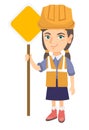 Little caucasian builder girl holding road sign.