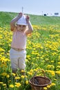 Little Caucasian girl playing in green grass meadow in yellow flowers in summer time Royalty Free Stock Photo
