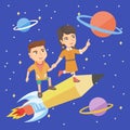 Children riding a pencil shaped as a space shuttle Royalty Free Stock Photo