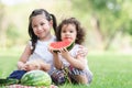 Little Caucasian cute girls eating watermelon while picnic at park. Older sister embracing her adorable sister with good care. Royalty Free Stock Photo