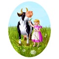 Little caucasian girl feeds cow Royalty Free Stock Photo