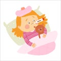 Little Caucasian girl ill in bed with thermometer and hugging teddy bear. Cartoon vector hand drawn eps 10 illustration