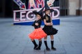 Little caucasian girls celebrate halloween. Girls in witch costumes for the holiday Halloween