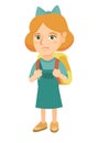 Little caucasian sad schoolgirl carrying backpack.