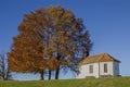 Little chapel at the hill, beside autumnal trees Royalty Free Stock Photo