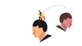 The little character stole the precious ribbon pin emblem from another man`s head. Conceptual illustration of stealing other