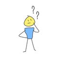 Little character thinking under question marks. Doubts and questions concepts. Problem solving. Vector doodle illustration Royalty Free Stock Photo