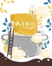 Little characters cooks come up with a menu. Field for text. illustration of menu creation for a restaurant or cafe