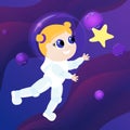 A little charming girl in an astronaut costume with big shining eyes flies after an asterisk in outer space.