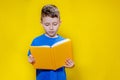 Little cheerful blond green-eyed boy 5-6 years old in a stylish blue T-shirt holding book and reading on yellow wall background, Royalty Free Stock Photo