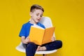 Little cheerful blond green-eyed boy 5-6 years old in a stylish blue T-shirt holding book and reading on yellow wall Royalty Free Stock Photo