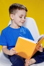 Little cheerful blond green-eyed boy 5-6 years old in a stylish blue T-shirt holding book and reading on yellow wall Royalty Free Stock Photo