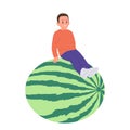 Little cheerful boy child cartoon character sitting on giant watermelon isolated on white background Royalty Free Stock Photo