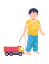 Little cheerful boy standing hold leash truck toy, children kid play lorry plaything cartoon vector illustration Royalty Free Stock Photo