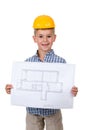 Little cheerful builder in yellow hardhat with paper plan in hands, isolated on white Royalty Free Stock Photo