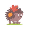 Little cheerful hedgehog with autumn leaves on the back