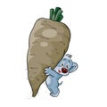 A little cheerful mouse raises a large ripe swede in his hands, cartoon illustration, isolated object on a white background,