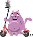 A little cheerful mouse rides an electric scooter with a big pink cat. They are smiling. They\'re happy. Cartoon.